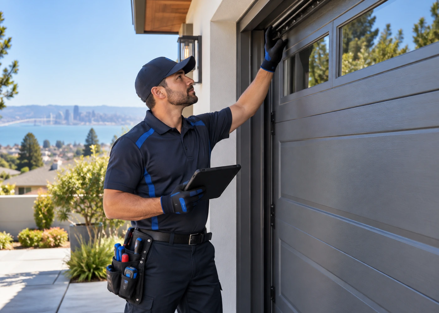 Metro garage door technician inspecting a residential garage door in Oakland