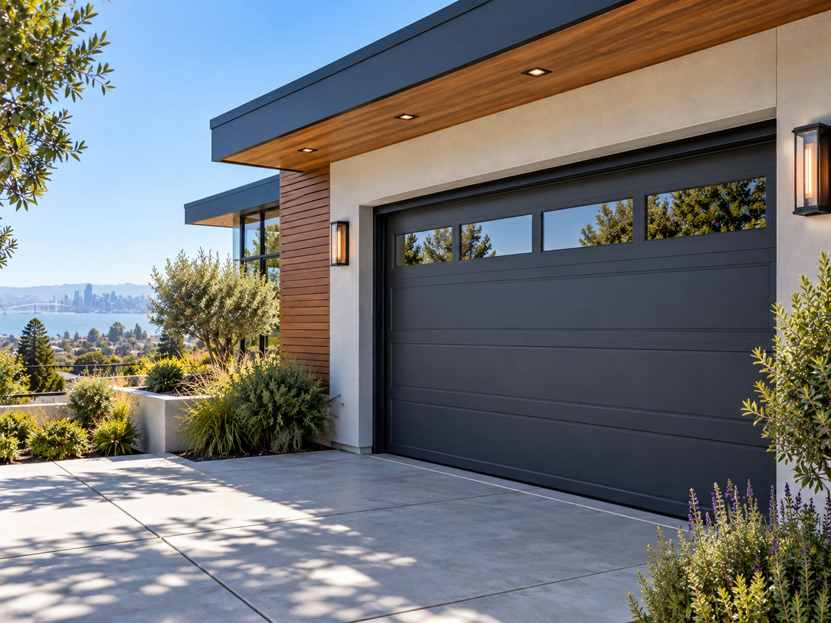Modern black garage door on an Oakland area home